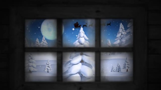 窗户框架抵御积雪落在夜空中月亮的冬季景观上的多棵树上