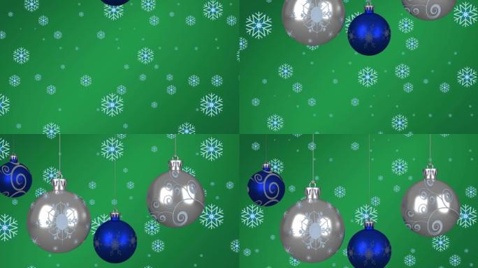 绿色背景上雪花上的圣诞球动画