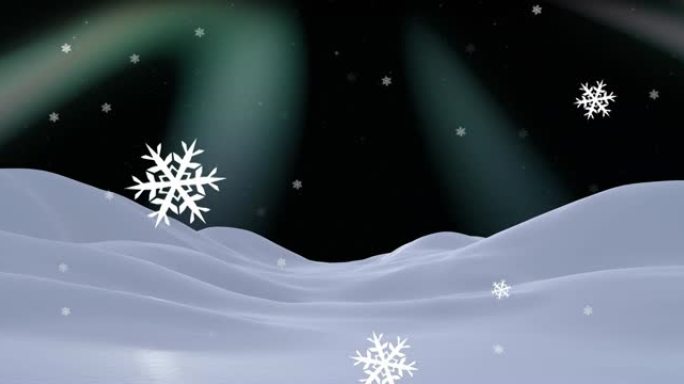 冬季风景和圣诞节在极光上落下的雪的动画