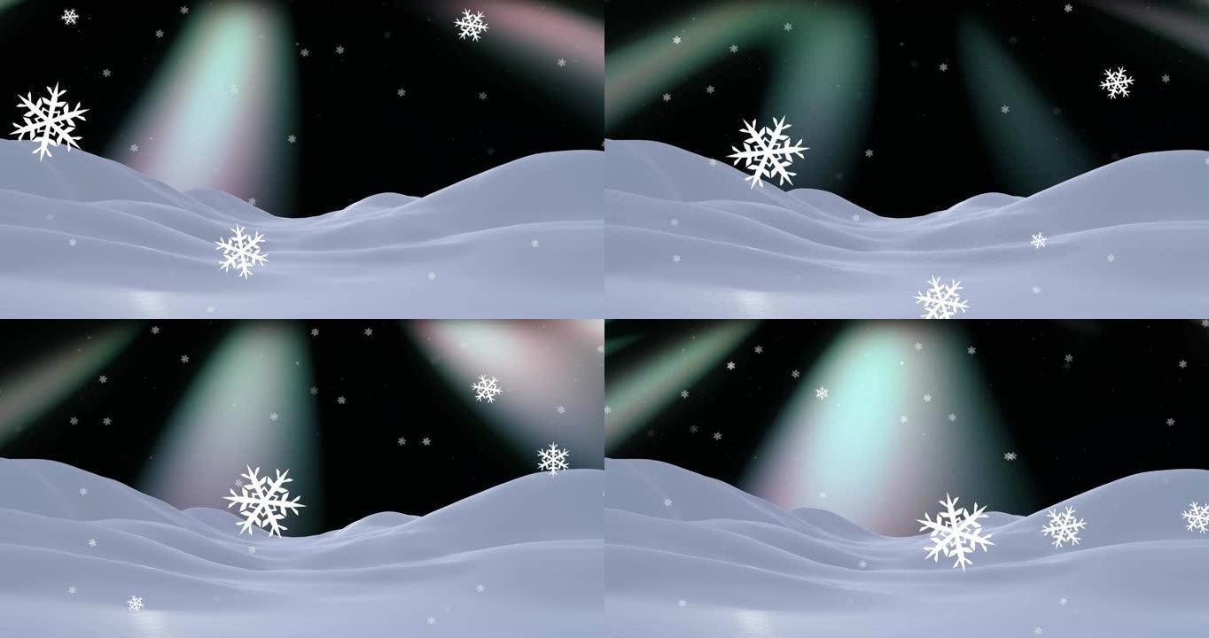 冬季风景和圣诞节在极光上落下的雪的动画
