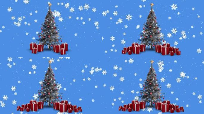 蓝色背景上的雪花落在圣诞树上的动画