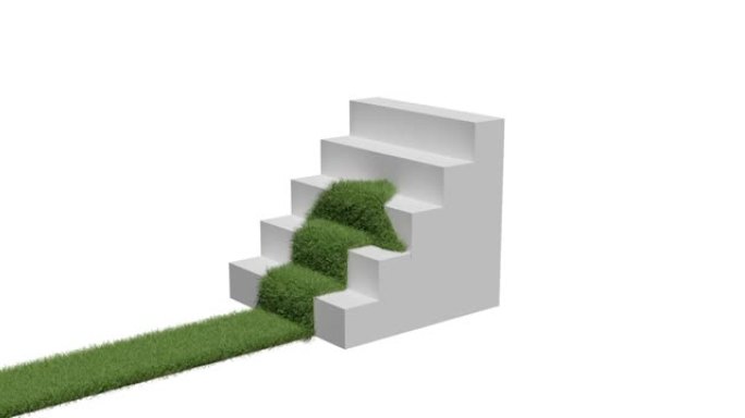 草覆盖箭头爬过楼梯。孤立的白色背景上的3d渲染动画
