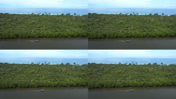 泰国攀牙府红树林湿地河中的4k鸟瞰图多莉倾斜长尾船