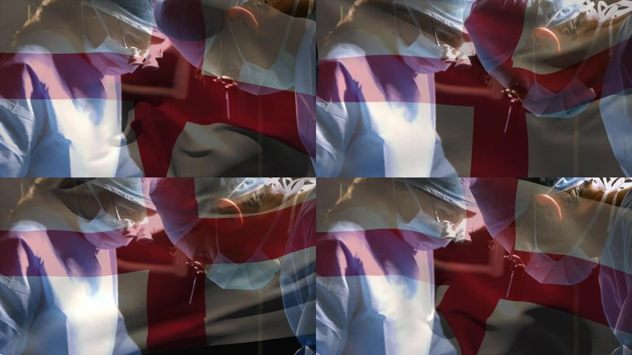 英格兰国旗在手术室中挥舞着外科医生的动画