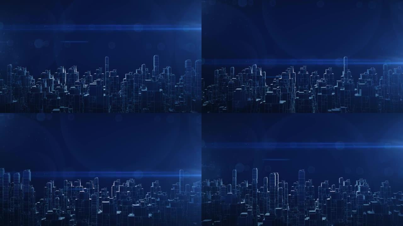 城市无缝动画。未来科幻科技城市平视显示器。横向运动。蓝色带信号弹