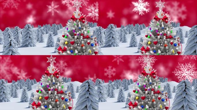 红色背景上的圣诞树和雪落在冬天的动画