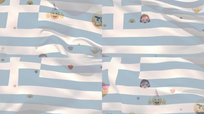 希腊国旗吹过各种浮动表情符号的动画