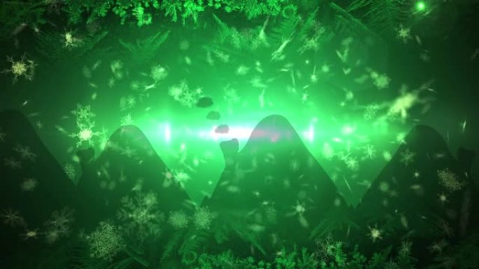 圣诞雪落在绿色背景上的圣诞摆设的动画