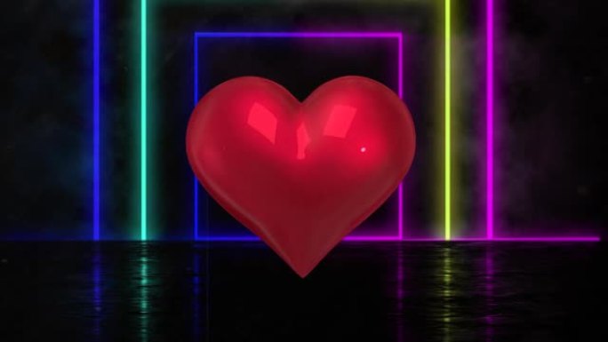 黑色背景上的心脏气球和霓虹灯方块的动画