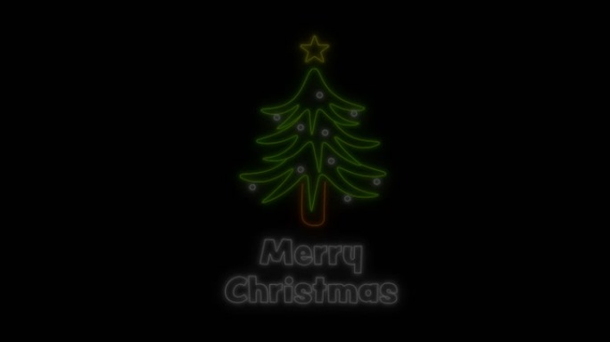 黑色背景上的圣诞快乐霓虹灯文字和圣诞树动画