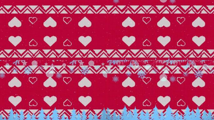 雪花落在传统圣诞节图案和圣诞树上的动画