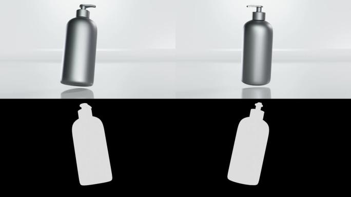 消毒凝胶bottel循环动画，空气中的瓶子，白色透明泵bottel中的无水清洁手凝胶，亮度哑光，3d