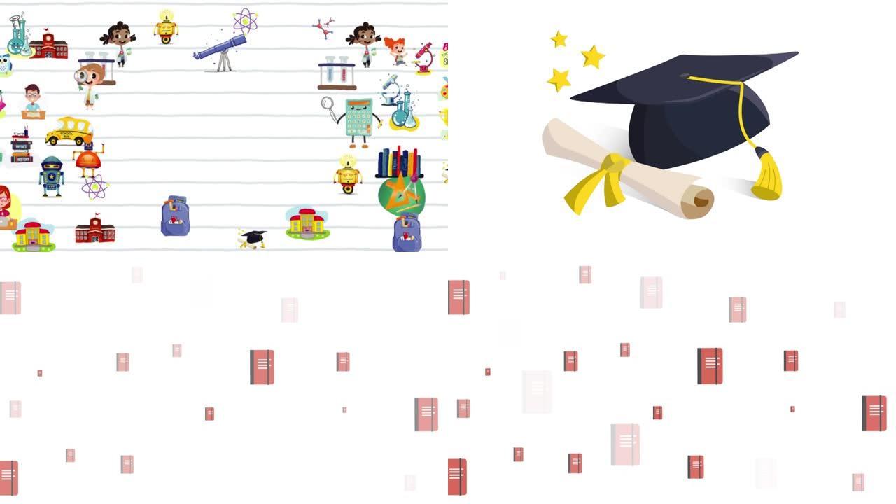 白色背景上的学校物品，笔记本和毕业帽的动画
