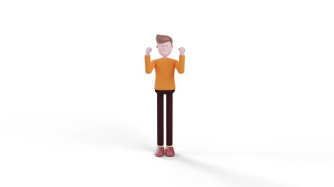 用快乐的手臂站立的人的3D插图。卡通微笑男性角色的肖像。