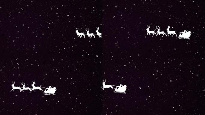 圣诞老人在雪橇上与驯鹿的动画落在黑色背景上