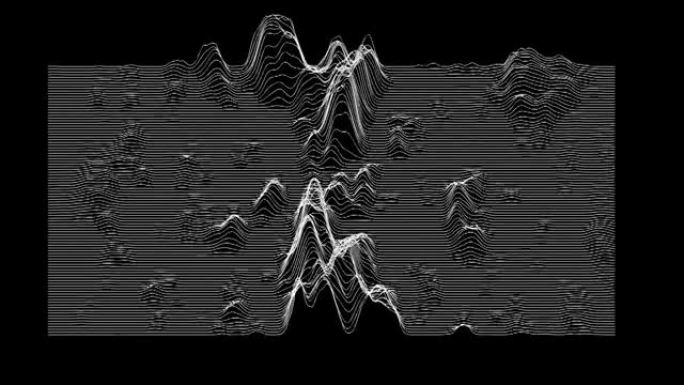 来自黑色背景上线条的音频波形。抽象音乐波振荡。未来声波可视化。合成音乐技术样本。调印。