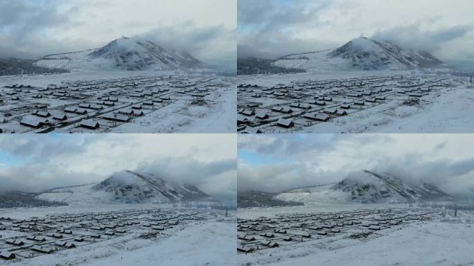 绝美的新疆喀纳斯航拍村庄雪景延时摄影