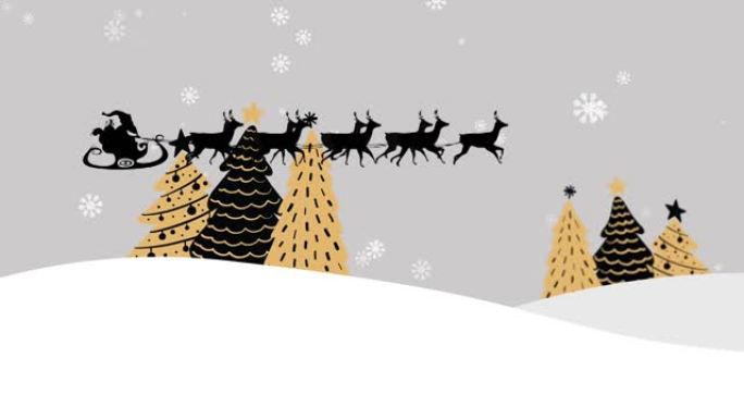 圣诞老人在雪橇上的动画与驯鹿在雪花和杉树上的灰色背景