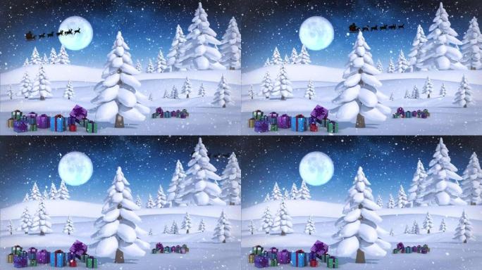 圣诞老人在圣诞礼物，降雪和月亮上的驯鹿雪橇动画