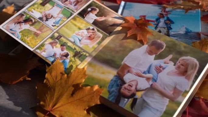 明亮的秋天树叶中的照片相册