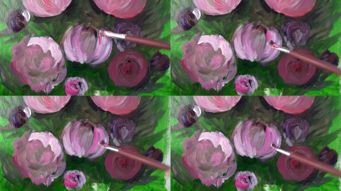 画笔的特写画笔艺术家用丙烯酸颜料画出美丽的花朵牡丹。