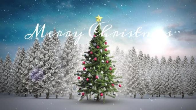 圣诞树和冬季景观上的圣诞快乐文本动画