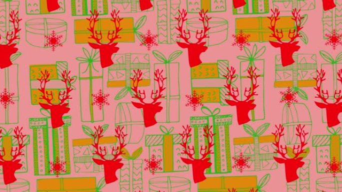 粉色背景上的圣诞驯鹿图案动画