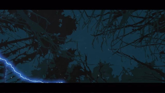 白色粒子漂浮和闪电雷鸣对令人毛骨悚然的树木的数字动画