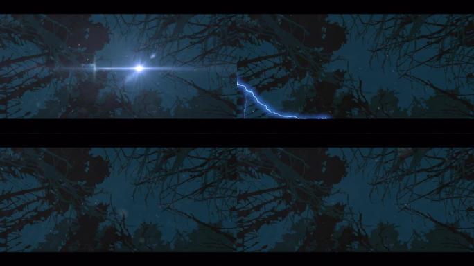 白色粒子漂浮和闪电雷鸣对令人毛骨悚然的树木的数字动画