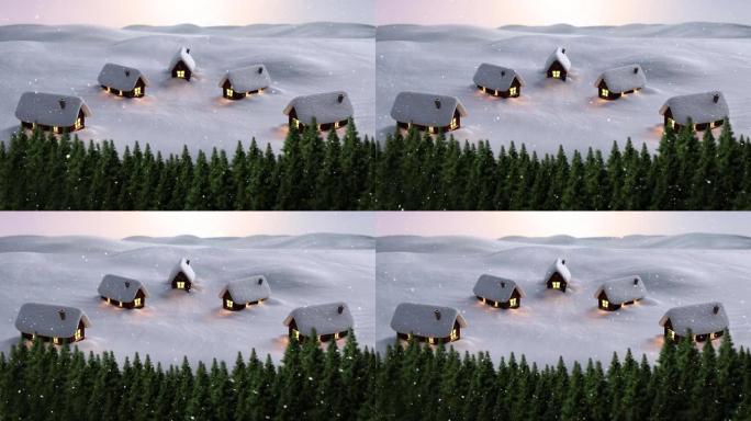 冬天风景下的雪落在房屋和枞树上的动画