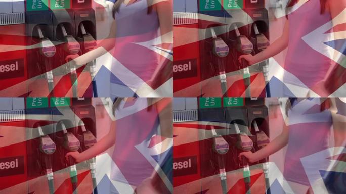在汽油泵上挥舞英国国旗的动画