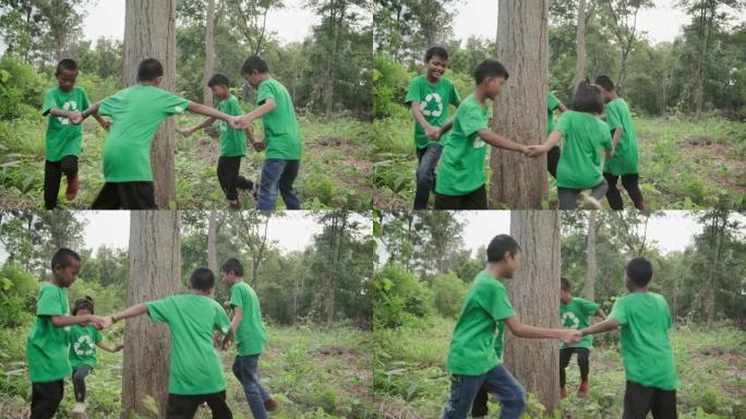 一群环境志愿者在森林里种树。地球日。