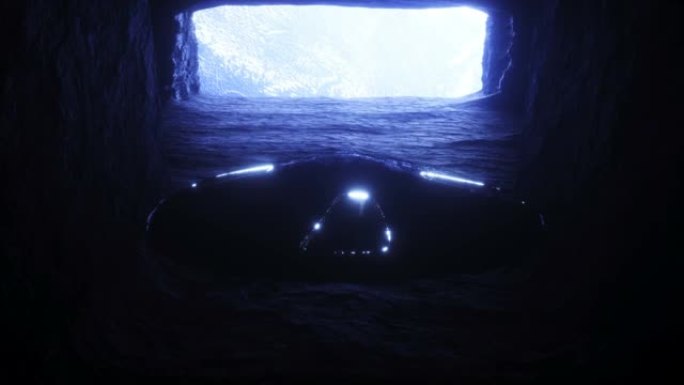 未来派的老科幻船在岩石洞穴中飞行。未来概念。空间视图。逼真的4k动画。