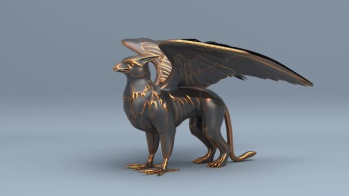 旋转黑暗格里芬雕像或神话般的古代黑色鹰狮雕塑无缝循环动画背景，梦幻动物与翅膀3d渲染动画高清1080