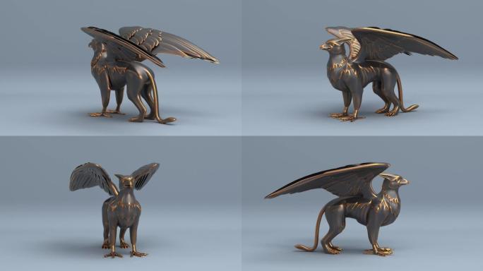 旋转黑暗格里芬雕像或神话般的古代黑色鹰狮雕塑无缝循环动画背景，梦幻动物与翅膀3d渲染动画高清1080