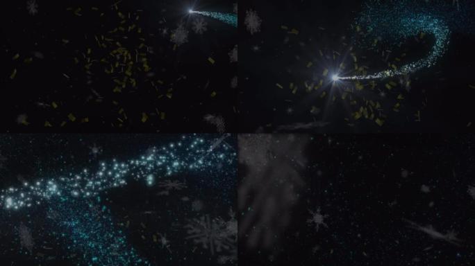 黑色背景上的五彩纸屑和雪花的动画