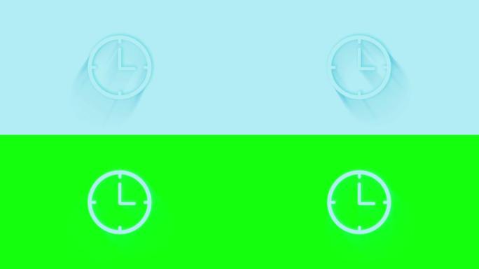 蓝色背景上有阴影的动画时钟图标。Neumorphism最小风格。透明背景。4k视频动态图形动画。