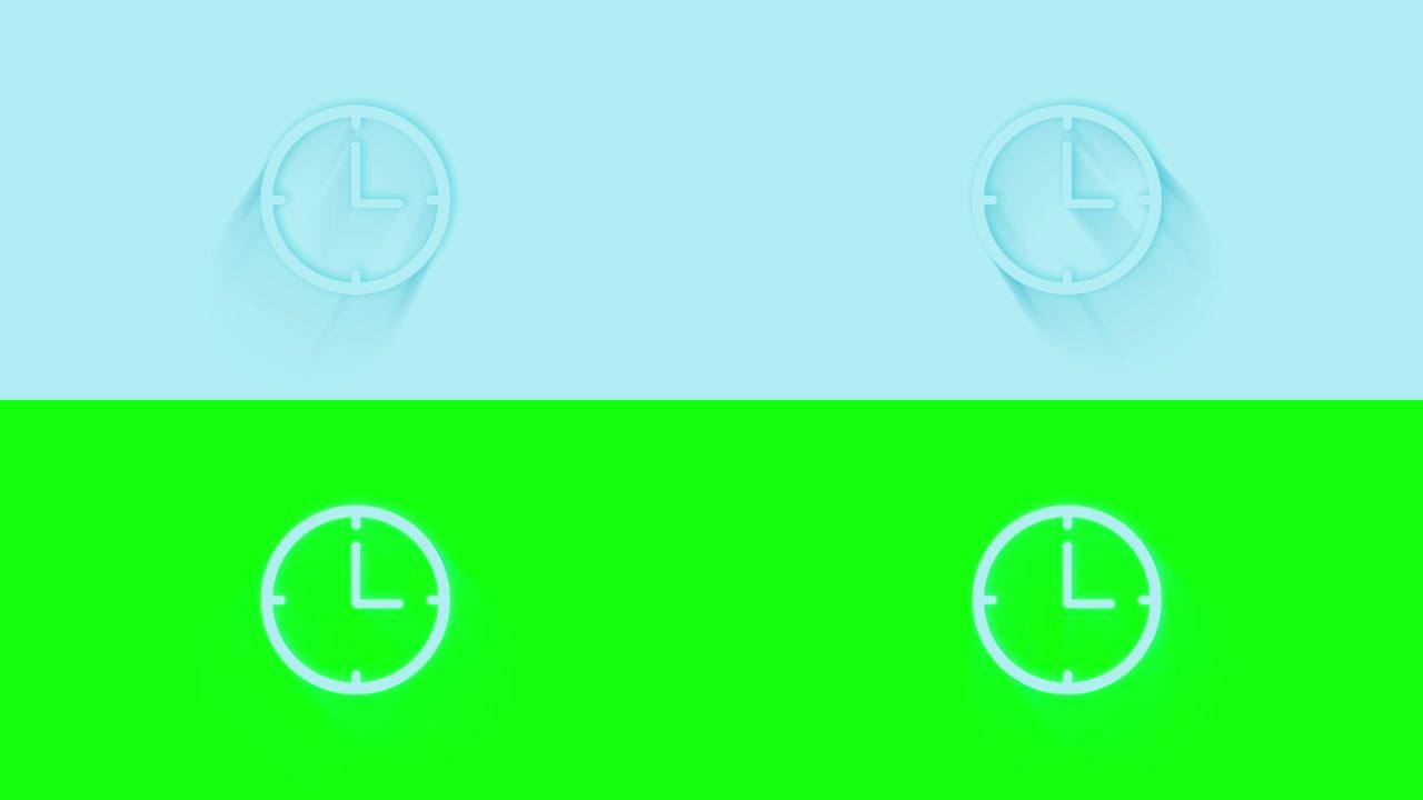 蓝色背景上有阴影的动画时钟图标。Neumorphism最小风格。透明背景。4k视频动态图形动画。