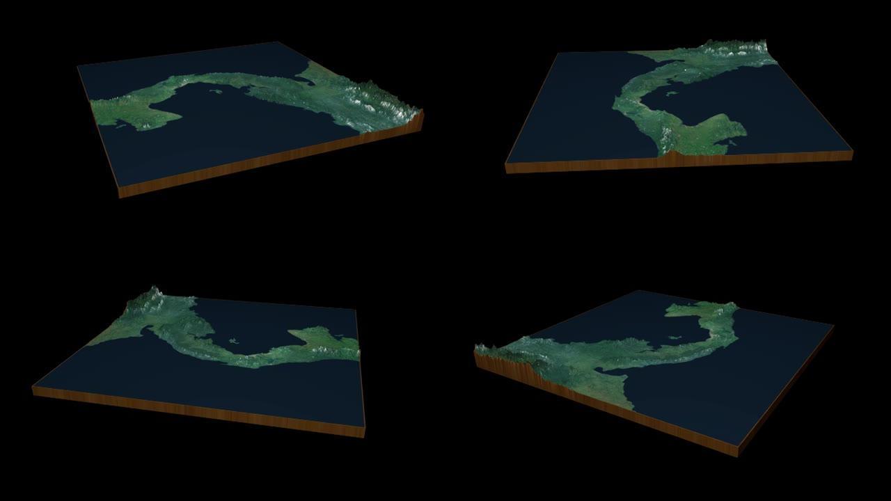 巴拿马地形图3D渲染360度循环动画
