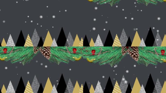 雪花落在圣诞树和装饰品上的动画