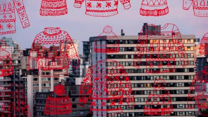 背景中城市景观上的圣诞跳线图案动画