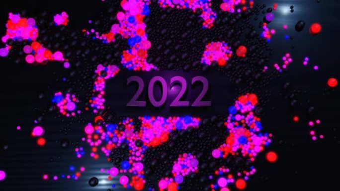 循环新年bg。数字2022和圣诞花环的球或球体散落在平面上，点亮蓝紫色，形成美丽的图案。带霓虹灯的4