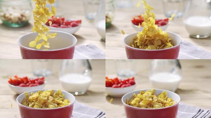玉米片掉落在碗中的喜怒无常的镜头
