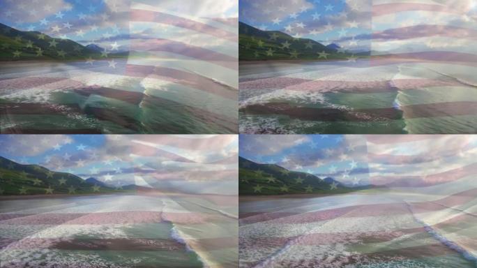 在海滩的鸟瞰图上挥舞美国国旗的数字构图
