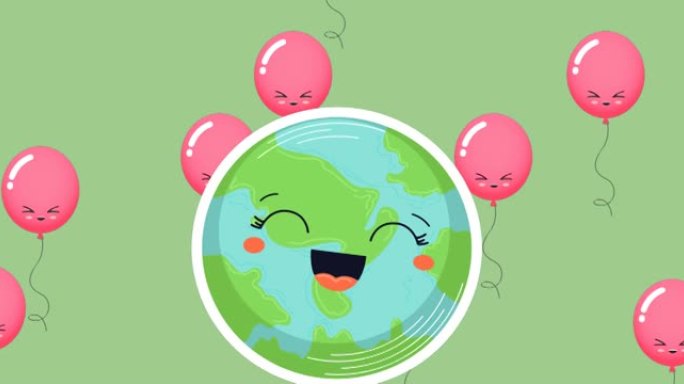 绿色背景上的气球和快乐地球仪的动画