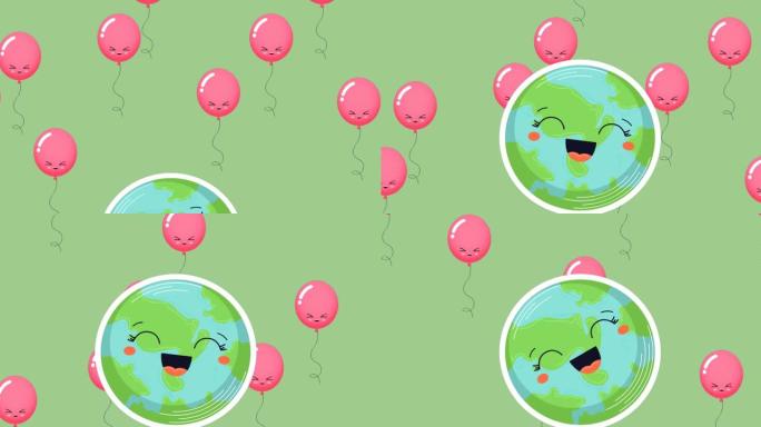 绿色背景上的气球和快乐地球仪的动画