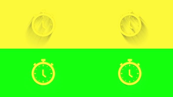 黄色背景上有阴影的动画秒表图标。Neumorphism最小风格。透明背景。4k视频动态图形动画。