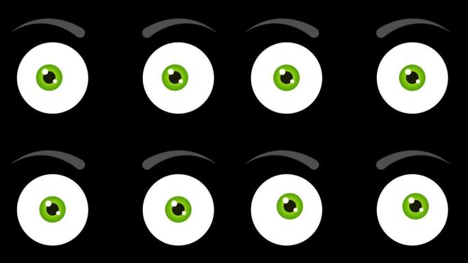 在黑色背景上闪烁着绿色瞳孔的惊讶眼睛