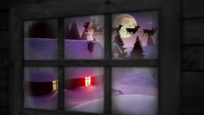 木制窗框在夜空中的冬季景观月亮上的多个房屋和树木上