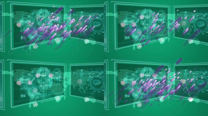 带有绿色背景上的科学数据的紫色形状在屏幕上的动画